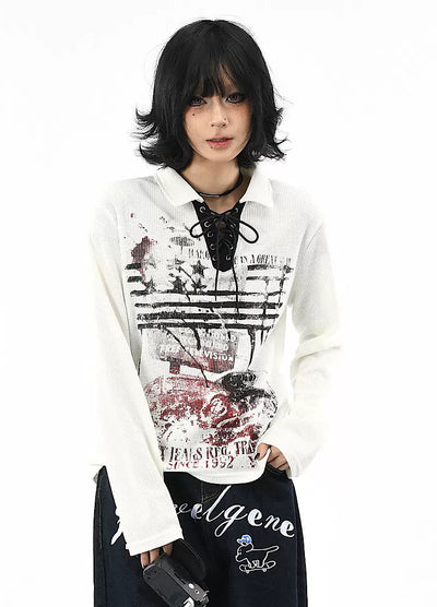 【OV】Grunge style lace front long sleeve polo shirt  OV0008