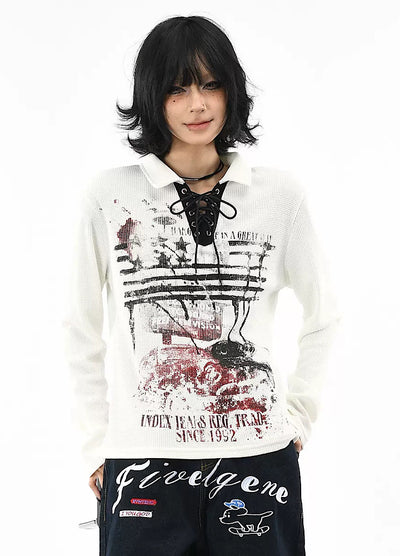 【OV】Grunge style lace front long sleeve polo shirt  OV0008