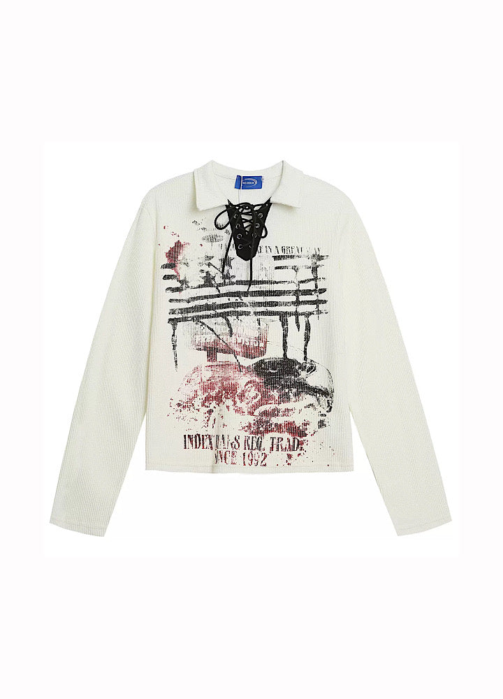 【OV】Grunge style lace front long sleeve polo shirt  OV0008