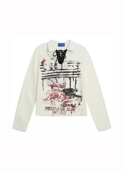 【OV】Grunge style lace front long sleeve polo shirt  OV0008