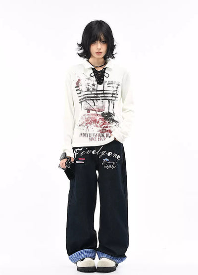 【OV】Grunge style lace front long sleeve polo shirt  OV0008