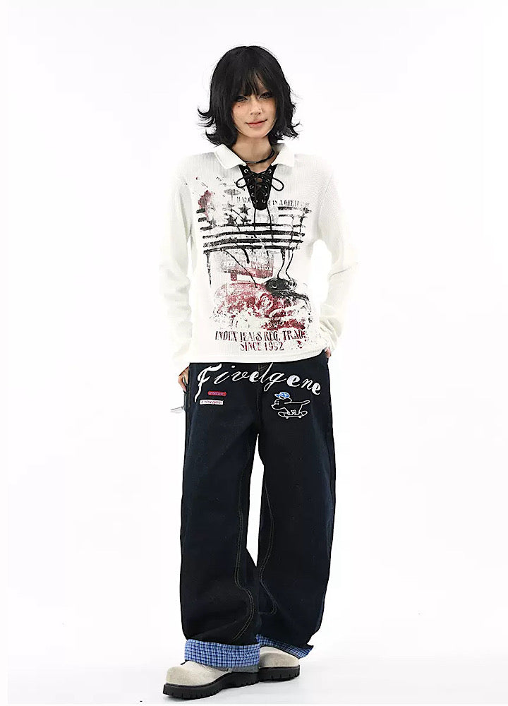 【OV】Grunge style lace front long sleeve polo shirt  OV0008