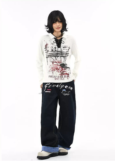 【OV】Grunge style lace front long sleeve polo shirt  OV0008