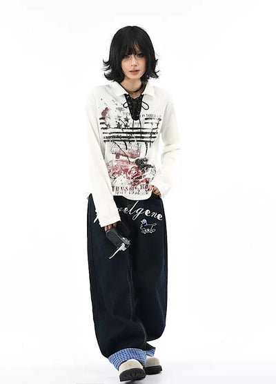 【OV】Grunge style lace front long sleeve polo shirt  OV0008