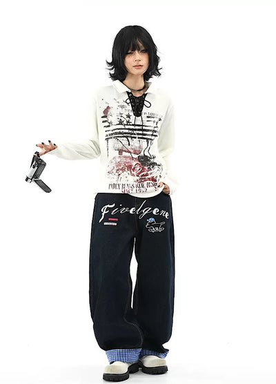 【OV】Grunge style lace front long sleeve polo shirt  OV0008