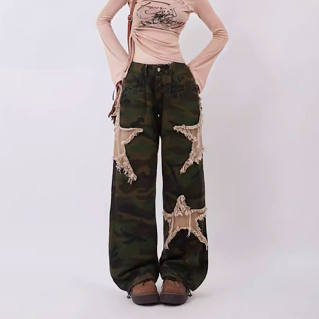 【Rayohopp】Camouflage coloring pattern design star damage pants  RH0060