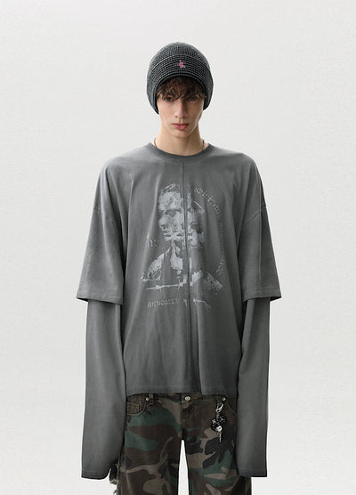 【MR nearly】Front design dull gray layered silhouette long sleeve T-shirt  MR0159