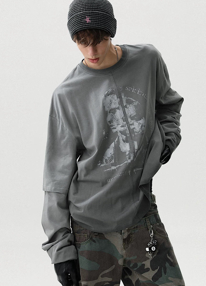 【MR nearly】Front design dull gray layered silhouette long sleeve T-shirt  MR0159