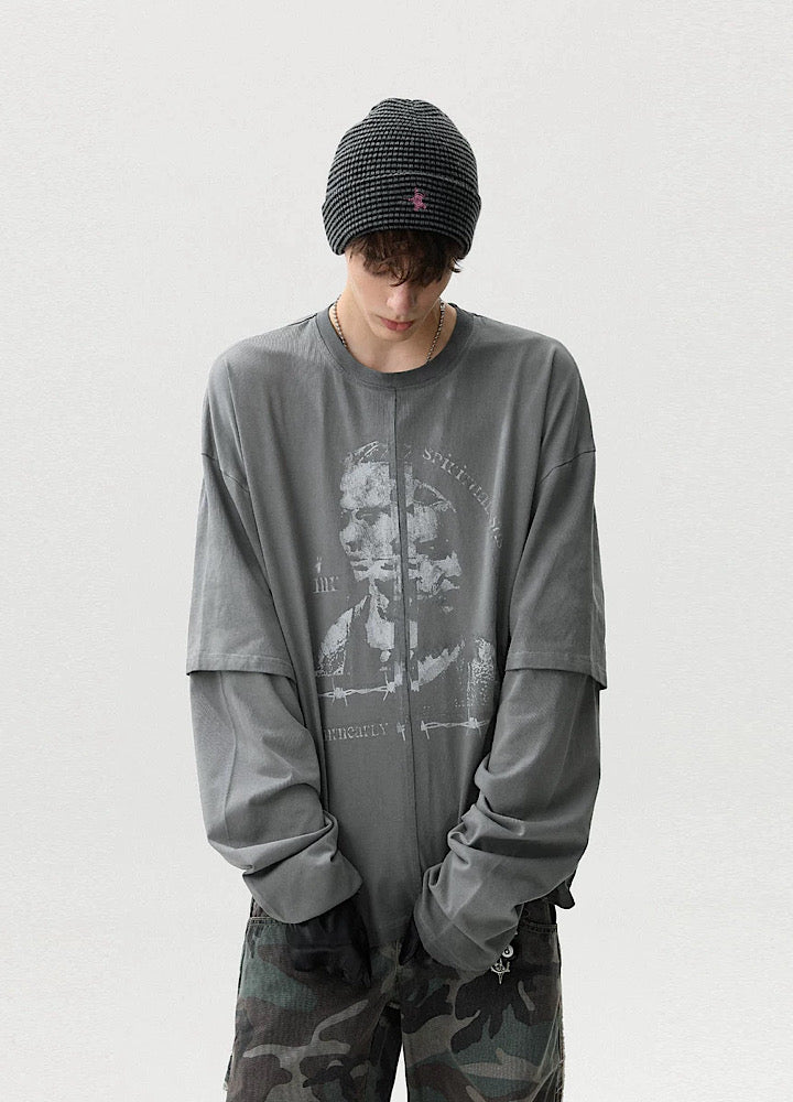 【MR nearly】Front design dull gray layered silhouette long sleeve T-shirt  MR0159
