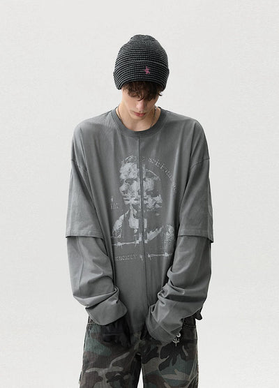 【MR nearly】Front design dull gray layered silhouette long sleeve T-shirt  MR0159