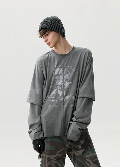 【MR nearly】Front design dull gray layered silhouette long sleeve T-shirt  MR0159