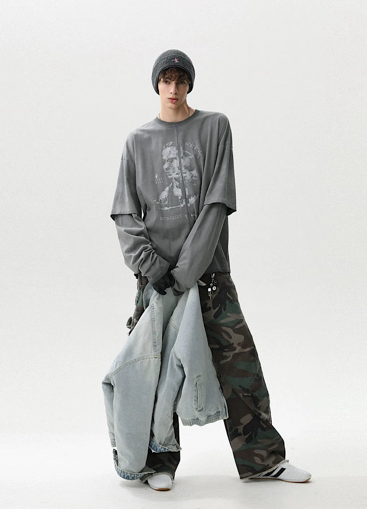 【MR nearly】Front design dull gray layered silhouette long sleeve T-shirt  MR0159
