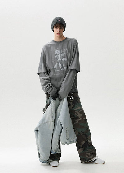 【MR nearly】Front design dull gray layered silhouette long sleeve T-shirt  MR0159