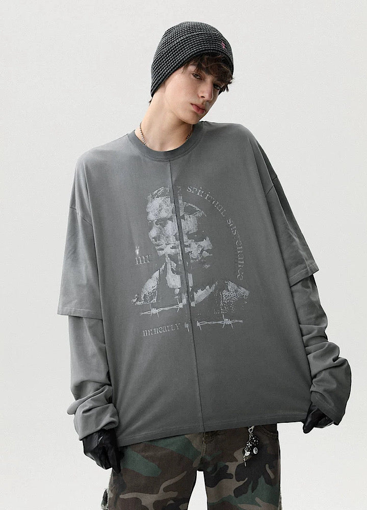 【MR nearly】Front design dull gray layered silhouette long sleeve T-shirt  MR0159