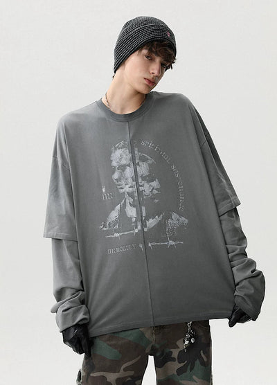 【MR nearly】Front design dull gray layered silhouette long sleeve T-shirt  MR0159