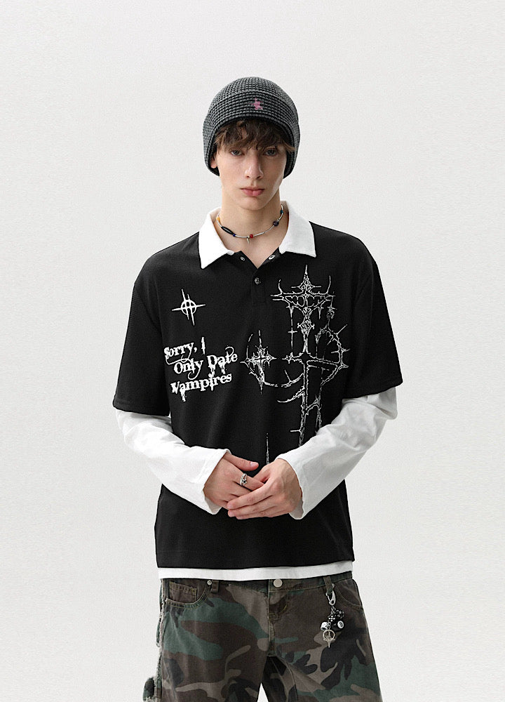 【MR nearly】Monotone Starlight Mode Casual Layered Long Sleeve Polo Shirt  MR0160