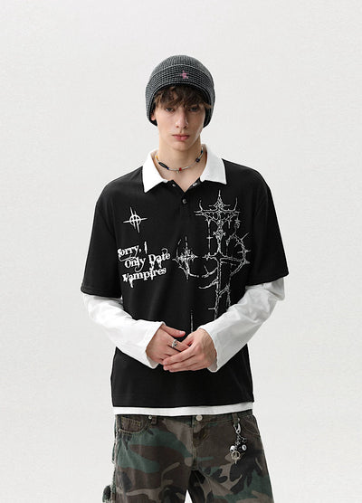 【MR nearly】Monotone Starlight Mode Casual Layered Long Sleeve Polo Shirt  MR0160