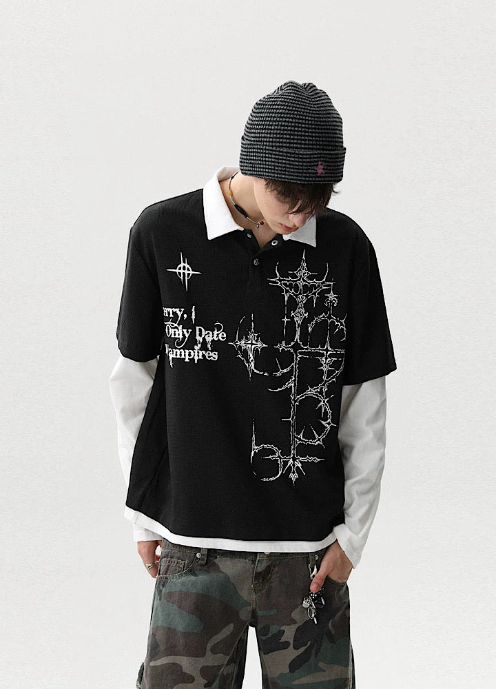 【MR nearly】Monotone Starlight Mode Casual Layered Long Sleeve Polo Shirt  MR0160