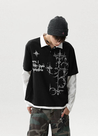 【MR nearly】Monotone Starlight Mode Casual Layered Long Sleeve Polo Shirt  MR0160