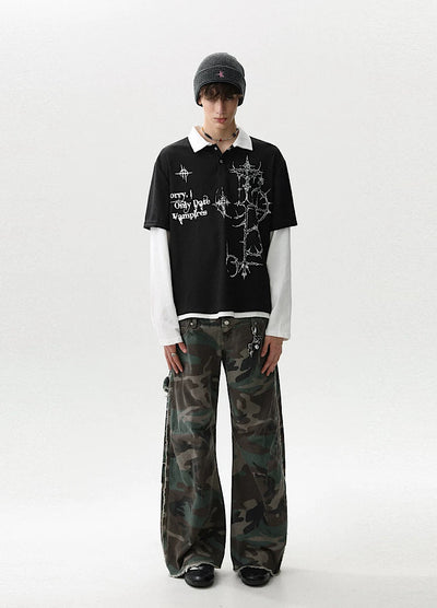 【MR nearly】Monotone Starlight Mode Casual Layered Long Sleeve Polo Shirt  MR0160