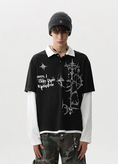 【MR nearly】Monotone Starlight Mode Casual Layered Long Sleeve Polo Shirt  MR0160