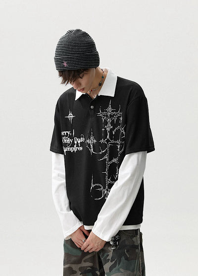 【MR nearly】Monotone Starlight Mode Casual Layered Long Sleeve Polo Shirt  MR0160