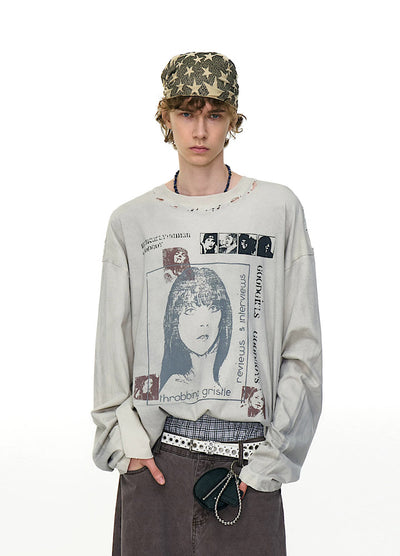 【MR nearly】Vintage white front illustration vintage style long sleeve T-shirt  MR0161
