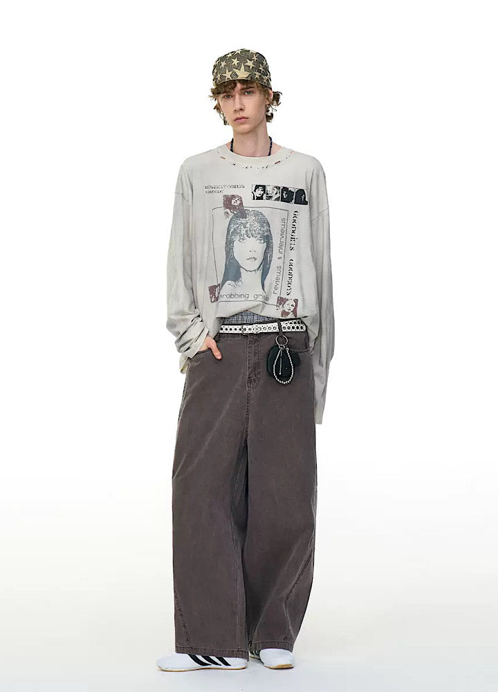 【MR nearly】Vintage white front illustration vintage style long sleeve T-shirt  MR0161