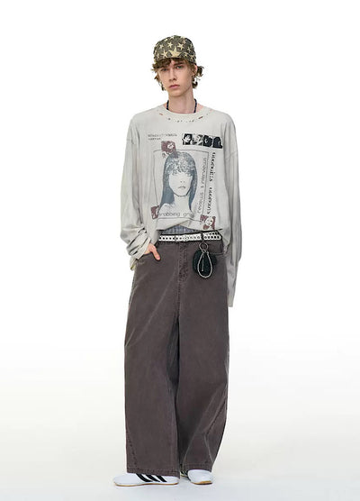 【MR nearly】Vintage white front illustration vintage style long sleeve T-shirt  MR0161