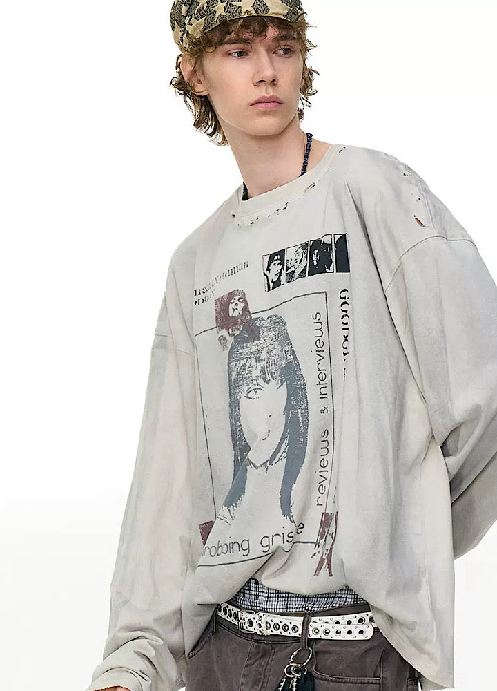 【MR nearly】Vintage white front illustration vintage style long sleeve T-shirt  MR0161