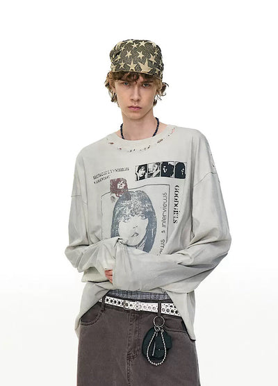 【MR nearly】Vintage white front illustration vintage style long sleeve T-shirt  MR0161