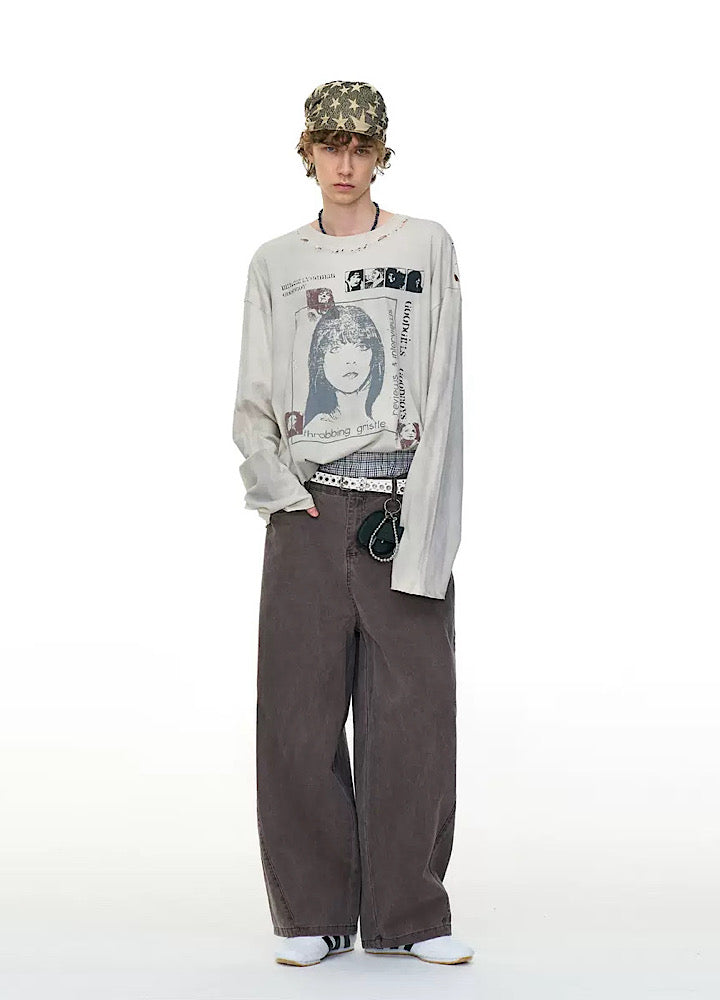 【MR nearly】Vintage white front illustration vintage style long sleeve T-shirt  MR0161