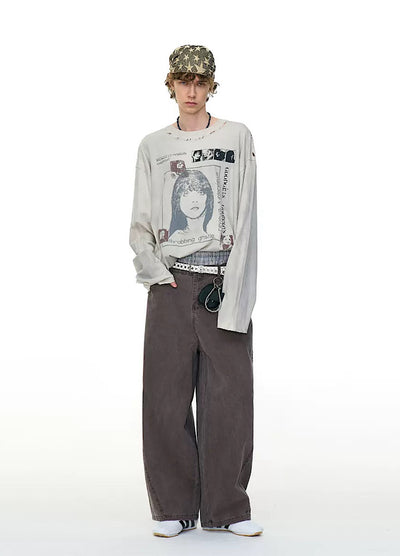【MR nearly】Vintage white front illustration vintage style long sleeve T-shirt  MR0161