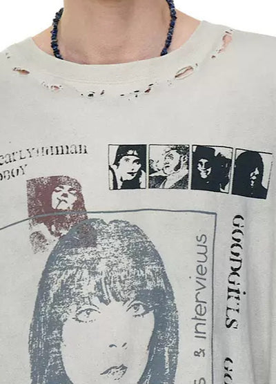 【MR nearly】Vintage white front illustration vintage style long sleeve T-shirt  MR0161