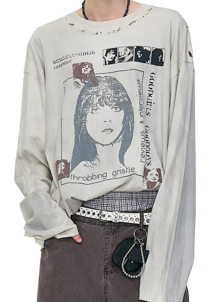 【MR nearly】Vintage white front illustration vintage style long sleeve T-shirt  MR0161