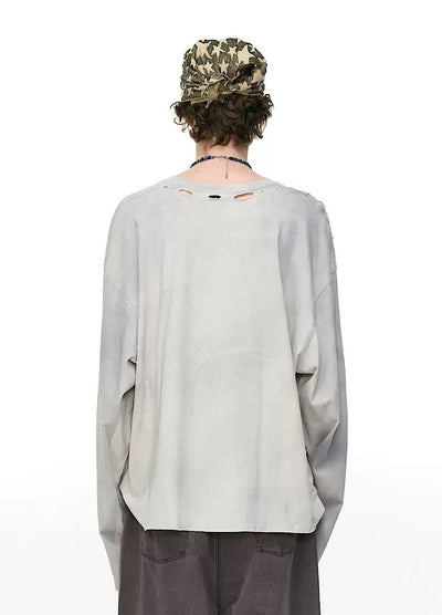 【MR nearly】Vintage white front illustration vintage style long sleeve T-shirt  MR0161