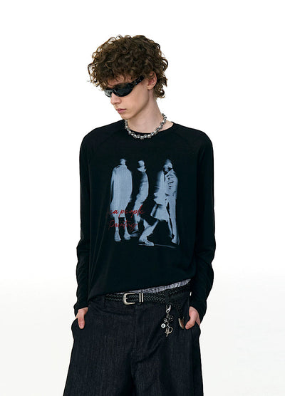【MR nearly】Illustrated silhouette dark front design loose long sleeve T-shirt  MR0162