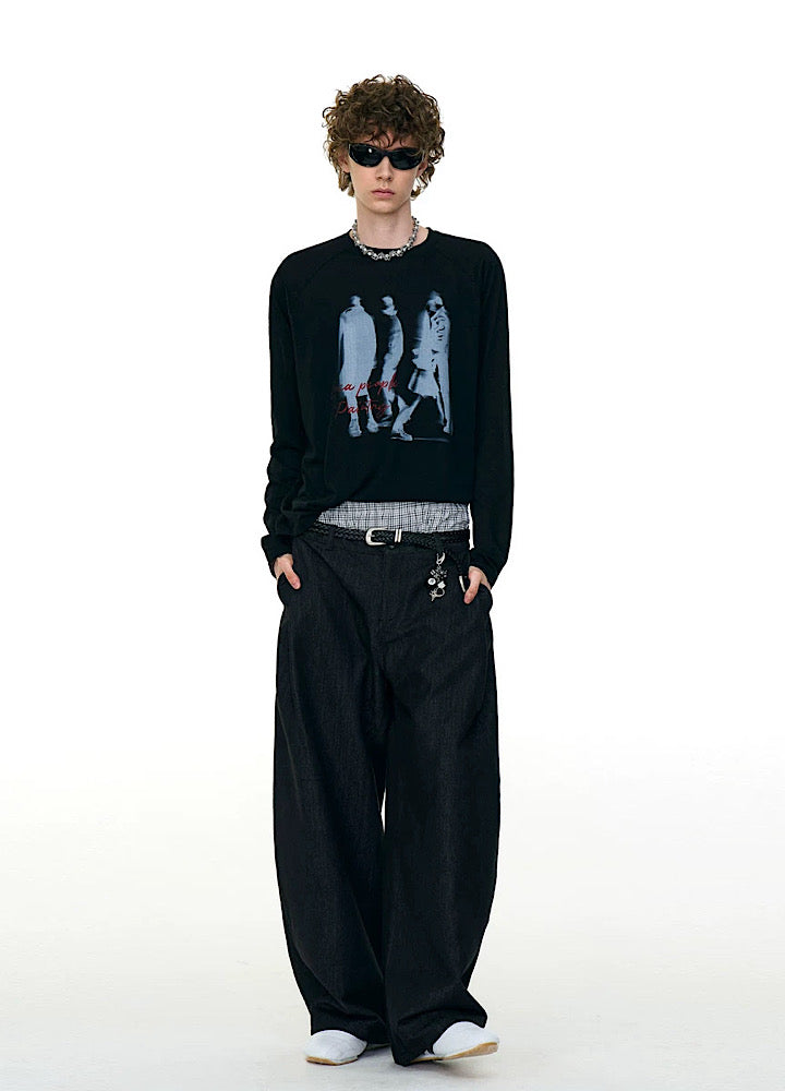 【MR nearly】Illustrated silhouette dark front design loose long sleeve T-shirt  MR0162