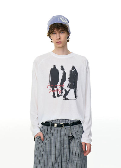 【MR nearly】Illustrated silhouette dark front design loose long sleeve T-shirt  MR0162