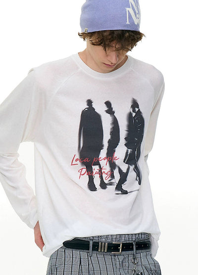 【MR nearly】Illustrated silhouette dark front design loose long sleeve T-shirt  MR0162