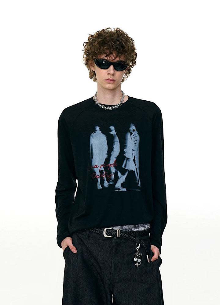 【MR nearly】Illustrated silhouette dark front design loose long sleeve T-shirt  MR0162