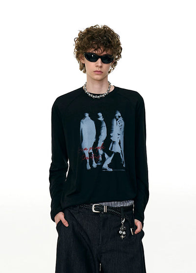 【MR nearly】Illustrated silhouette dark front design loose long sleeve T-shirt  MR0162