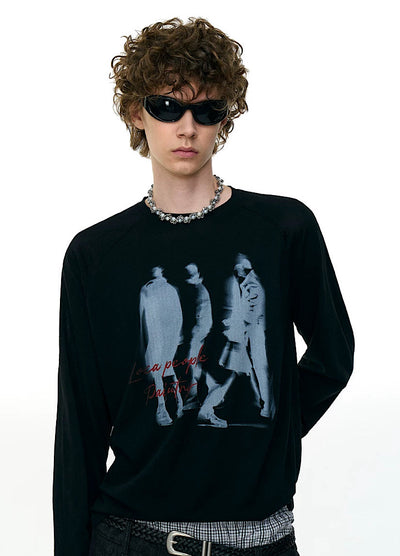【MR nearly】Illustrated silhouette dark front design loose long sleeve T-shirt  MR0162