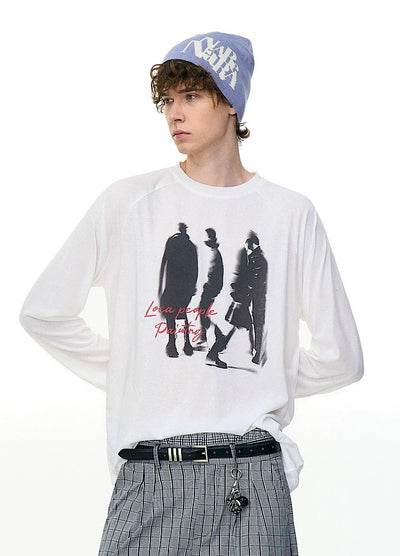 【MR nearly】Illustrated silhouette dark front design loose long sleeve T-shirt  MR0162