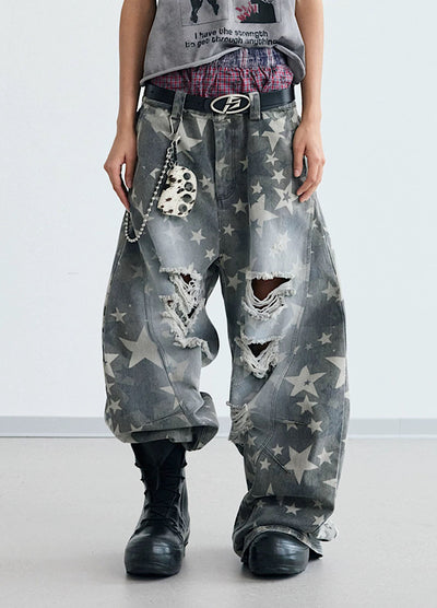 【People Style】Countless Star Design Distressed Muted Base Color Wide Denim Pants  PS0062
