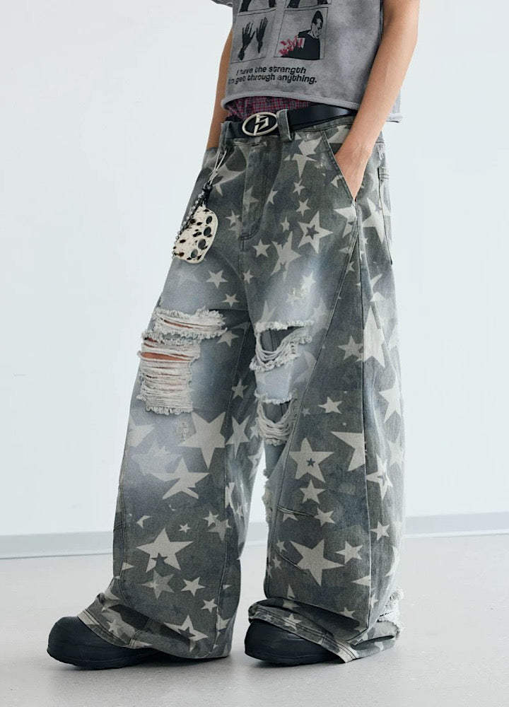 【People Style】Countless Star Design Distressed Muted Base Color Wide Denim Pants  PS0062