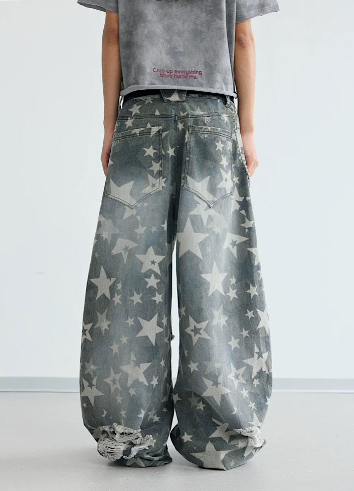 【People Style】Countless Star Design Distressed Muted Base Color Wide Denim Pants  PS0062