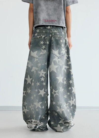 【People Style】Countless Star Design Distressed Muted Base Color Wide Denim Pants  PS0062