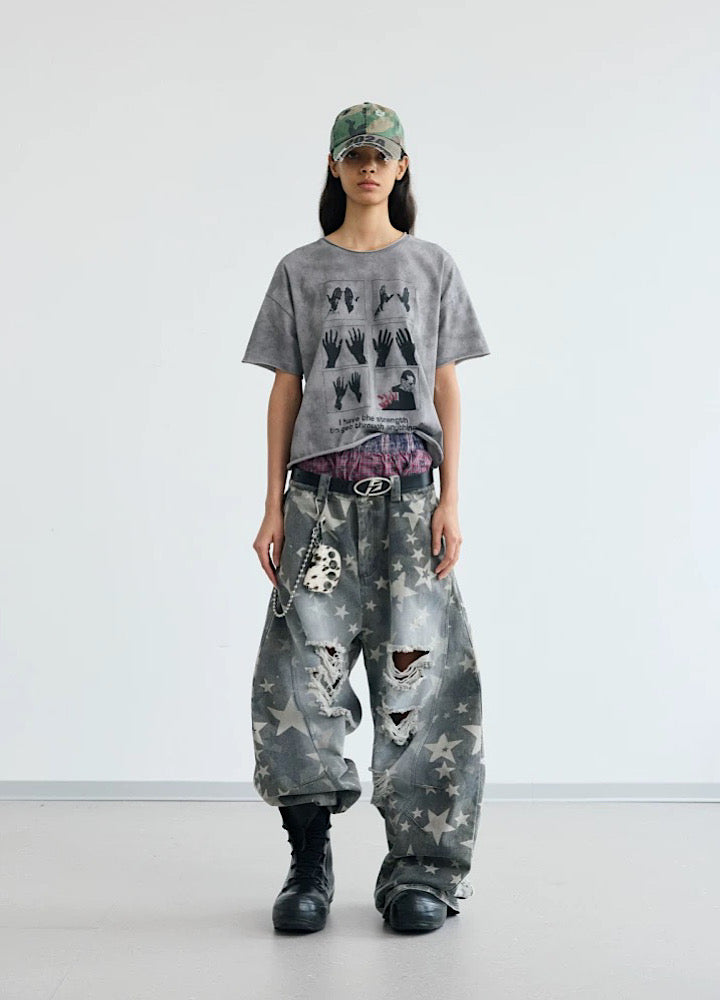 【People Style】Countless Star Design Distressed Muted Base Color Wide Denim Pants  PS0062