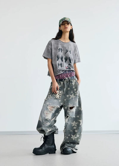【People Style】Countless Star Design Distressed Muted Base Color Wide Denim Pants  PS0062
